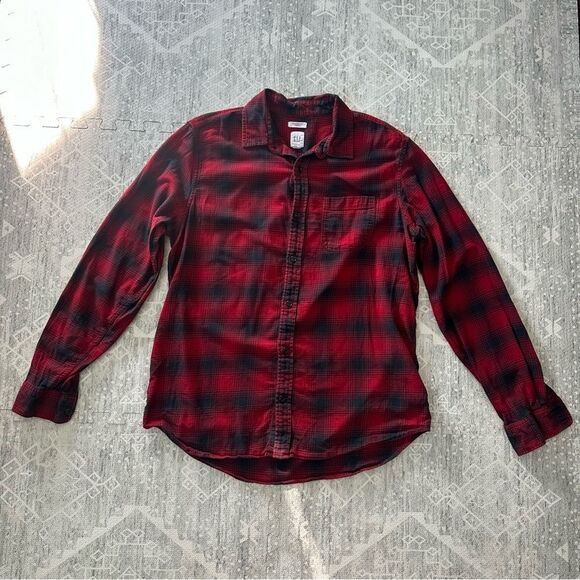 Gap Men’s Flannel Plaid Standard Fit Stretch Shirt in Tomato Sz L Fall Autumnal - Picture 1 of 14